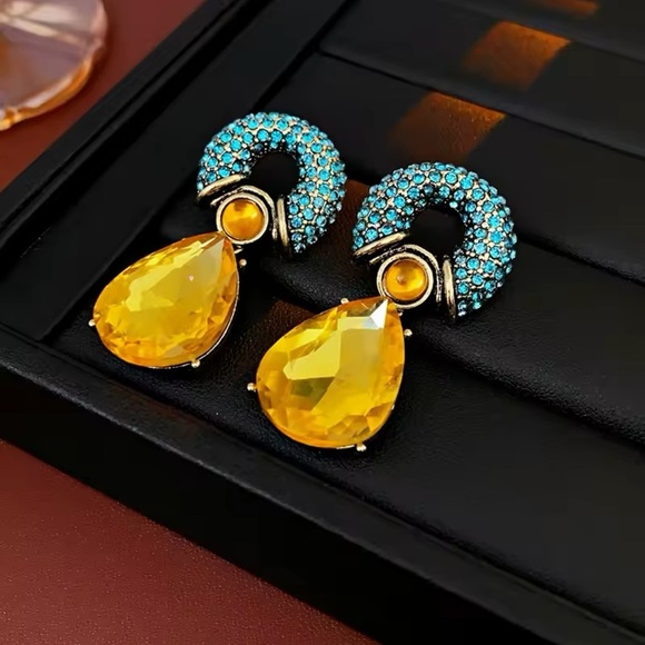 Bold Crystal Drop Earrings – Yellow Teardrop & Turquoise Studs - Picture 6 of 9